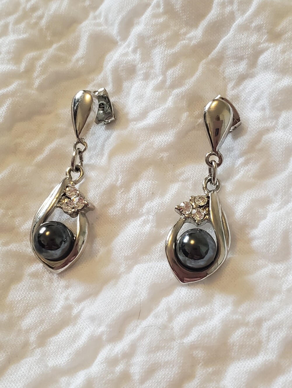 Silver-Tone Black Faux Pearl Drop Earrings with Crystal Accents